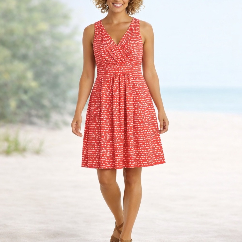 Lands' End Red and White Printed V-Neck Midi Dress